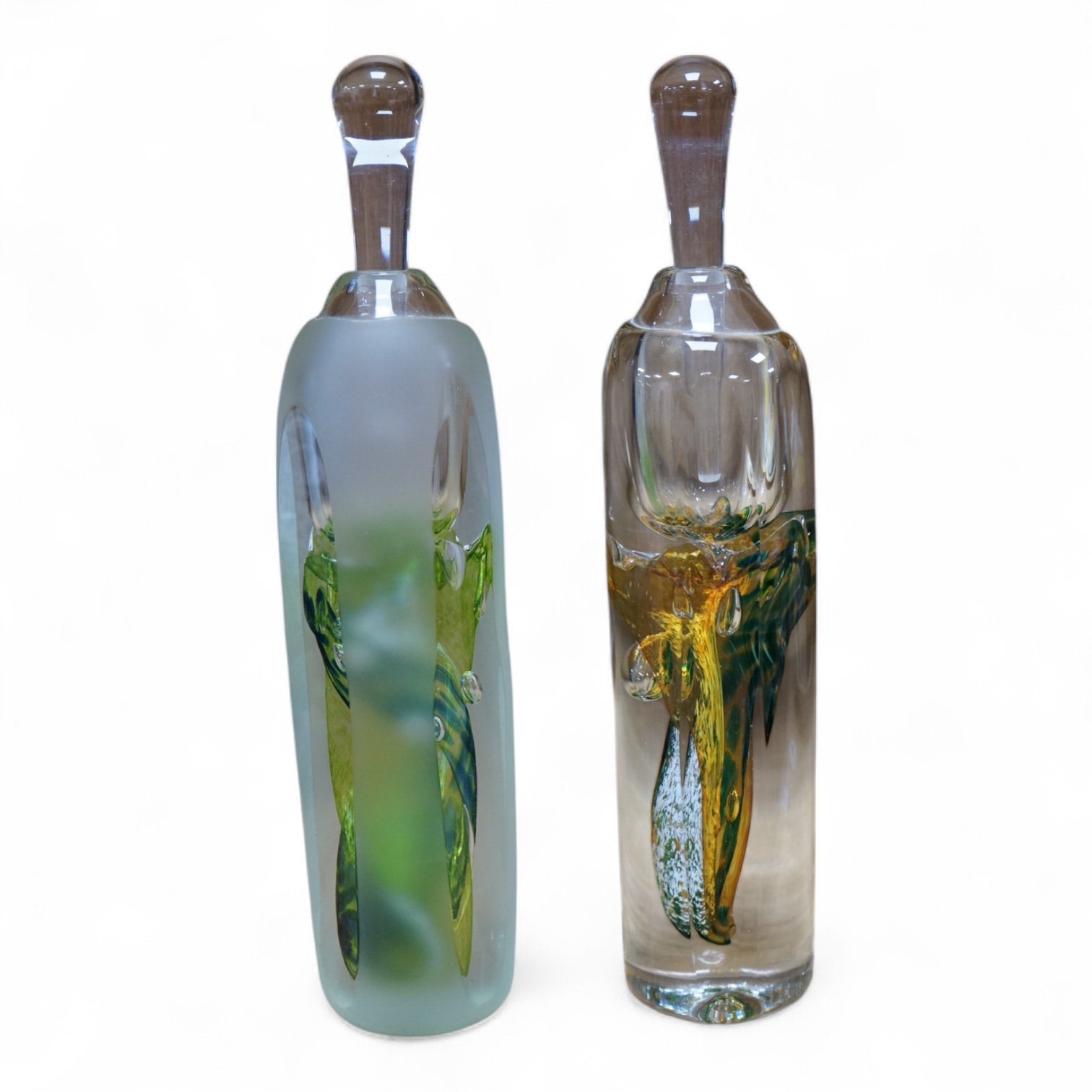 Jane Charles, two oversized art glass scent bottles and stoppers, signed to the bases, 29cm high
